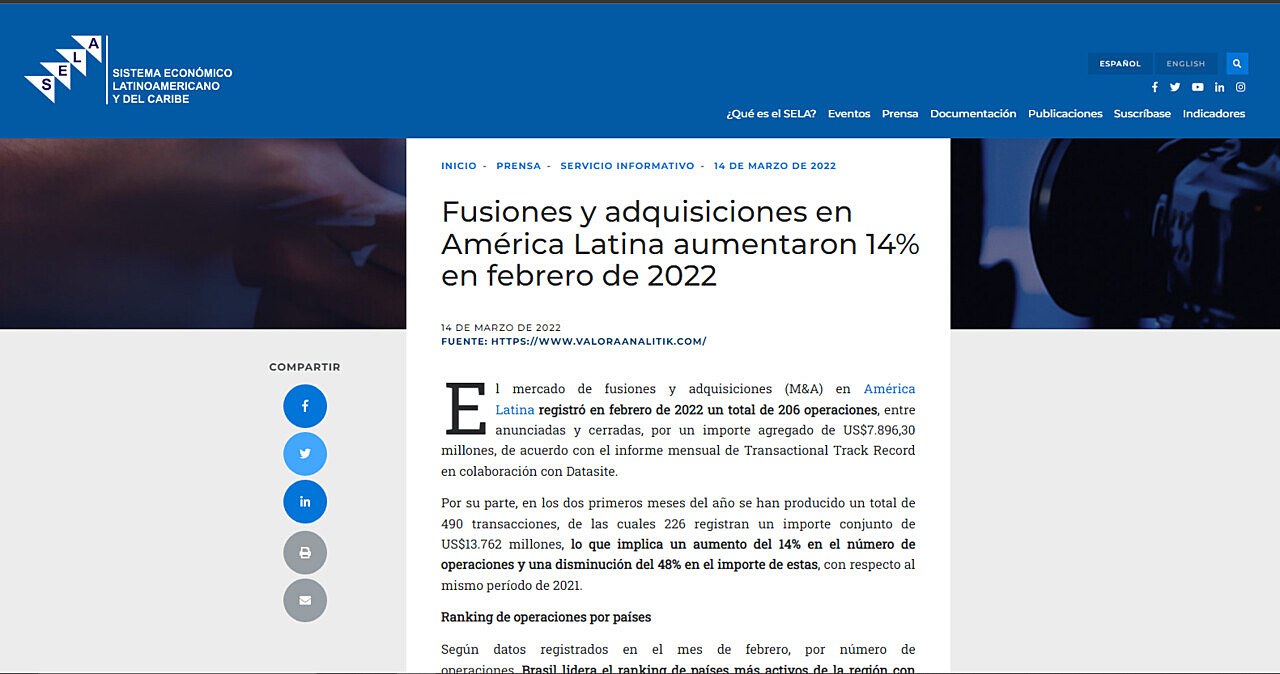 Fusiones y adquisiciones en Amrica Latina aumentaron 14% en febrero de 2022